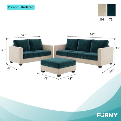 Image of FURNY Haster 3 Seater + 2 Seater Fabric Sofa Set with 1 Ottoman (Green Teal-Cream) with Velvet Finish | Durable Comfort | Ideal for Living Room