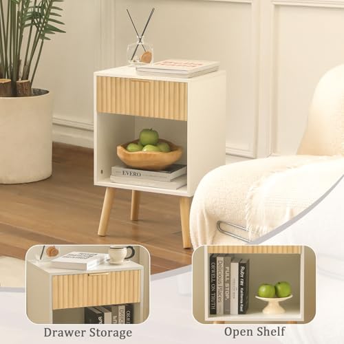Image of Fultyle Nightstand, Modern Bedside Table with Drawer and Open Shelf, Fluted Night Stand with Solid Wood Legs for Bedroom, Living Room, Office (White Oak)