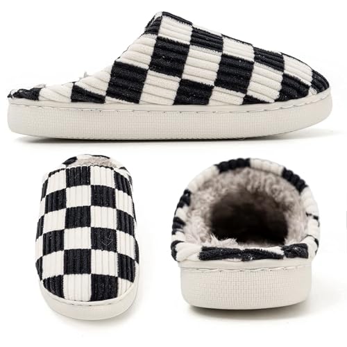 House Slippers for Woman Men, Womens Slippers on Fuzzy House Shoes Memory Foam Checkered Scuff Outdoor Indoor Warm Plush Bedroom Shoes with Faux Fur Lining Size3