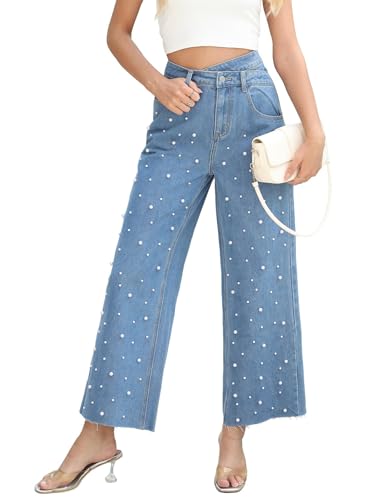 Women's High Waisted Wide Straight Leg Jeans Boyfriend Baggy Trendy Pearl Denim Pants Trousers