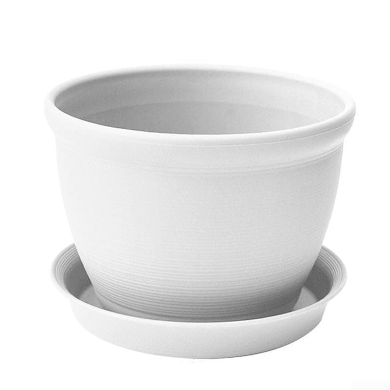 BlesConi Maceta redonda de plástico de 20 x 14 x 14 cm, para jardín de interior y exterior, color blanco (blanco + depósito)