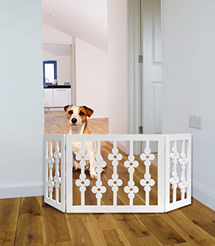 Etna White Floral Wooden Pet Gate - Freestanding Foldable Adjustable 3-Section Dog Gate. Extra Wide, Keeps Pets Safe Indoors/Outdoors - Fully Assembled - Thumbnail 5