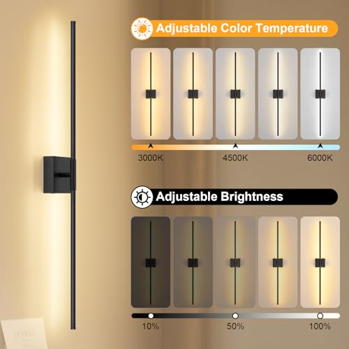 Image of Wall Sconces Set of Two with Remote Control, 39.4 in Dimmable Black Battery Operated Wall Lights, 350 Ratation 3000K-6000K LED Wireless Rechargeable Sconce for Bathroom, Living Room, Bedroom