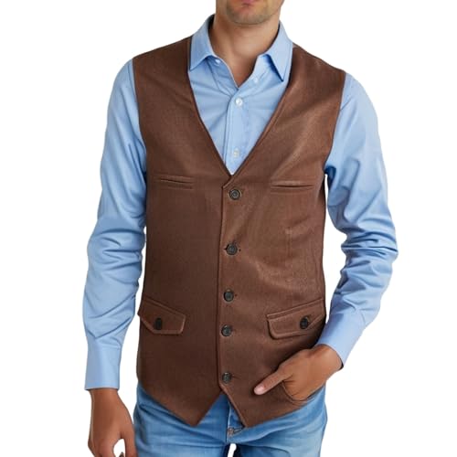 Gilet en daim PU homme sans manches veste style motard décontractée marron