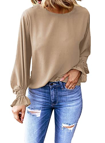 Dokotoo Womens Ladies Bell Long Sleeve Spring Summer Tops Crewneck Keyhole Back Solid Ruffle Blouses for Women Casual Loose Shirts Khaki Small