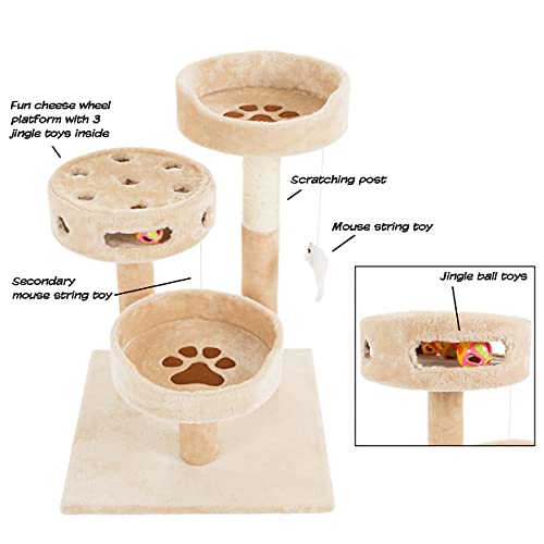 Cat Tree - 3-Tier Tall Cat Tower Condo with 2 Napping Perches, Sisal Rope Scratching Post, Hanging Mouse and Interactive Wheel Toy by PETMAKER (Beige), 27.5" by PETMAKER - Image 3