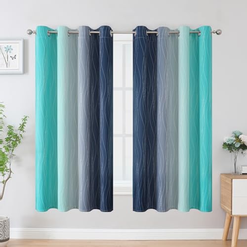Estelar Textiler Navy Blue and Teal Blackout Curtains 63 Inch Length 2 Panels Set, Full Room Darkening Grommet Ombre Curtains for Bedroom, Thermal Insulated Light Blocking Gradient Drapes,52Wx63L
