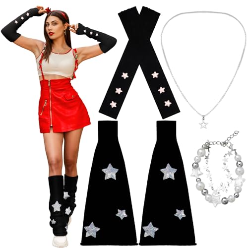 4 Pack Y2k Accessories Set Y2k Leg Arm Warmers for Girls Gyaru Cloth 80s Outfit Jewelry Accessories Set Star Necklace Silver Bracelet Kawaii Japanese Harajuku Outfits Fashion Aesthetic for Girl Women
