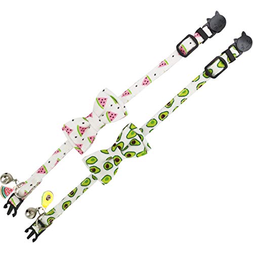 KUDES 2 Pack/Set Printed Cat Collar Breakaway with Bell Charms and Bowtie, Cute Kitten Bow Tie Collars for Kitty Puppies and Other Small Pets, Adjustable 7.8 to 10.5 Inch (Watermelon & Avocado)