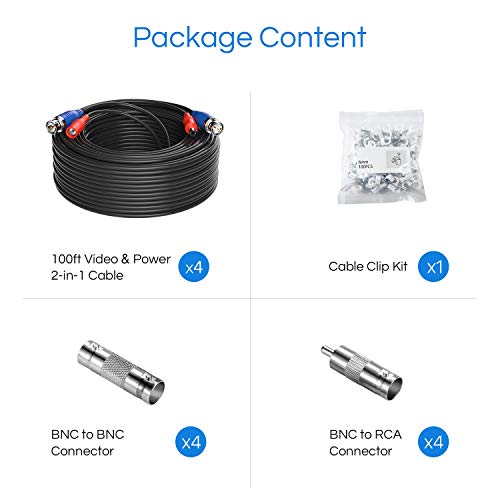 Anlapus 4 Pack 100ft All-in-One BNC Video Power Cables, BNC Extension Wire Cord with Eight Connectors for CCTV Camera DVR Surveillance System