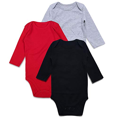 OPAWO Baby Bodysuit Long Sleeve 3-Pack Boys Girls Cotton Solid Romper Multi Color Snaps Onsies Unisex Basic Outfit 0-24 Months (18-24 Months, Black/Red/Gray Long Sleeve)
