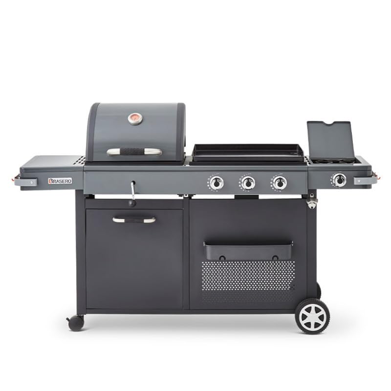 BRASERO BY FAVEX – Bi‑Energy Gun Metal – Plancha gaz & barbecue charbon avec brûleur latéral – 12,95 kW – Plaque fonte émaillée 60 x 42 cm – Grille fonte – Jusqu'à 14 convives – Certifié LONGTIME