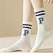 3 pairs - spring and summer all-cotton sports outer socks, medium tube personality Korean letter long socks - thin strip blue