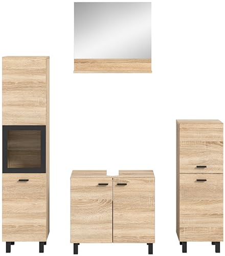 xonox.home Badezimmer Boston 4tlg. Kombination Badmöbel Set kleine Bäder Komplettprogramm Bademöbel-Set in Eiche Sonoma Nb. bodenstehend hängend montierbar ca.137x186x33 cm