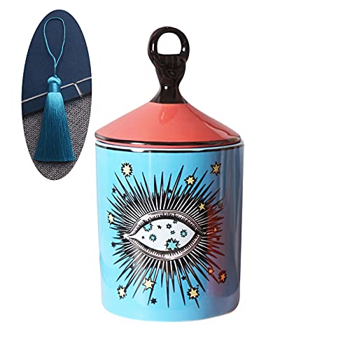 Big Eye Starry Sky Aromatherapy Candle Jar with Lid Ceramic Makecup Cotton Swab Holder Home Deocrative Bottler, Home Fireplace Kitchen Dining Decor for Living Room Knick Knacks Candle Holders