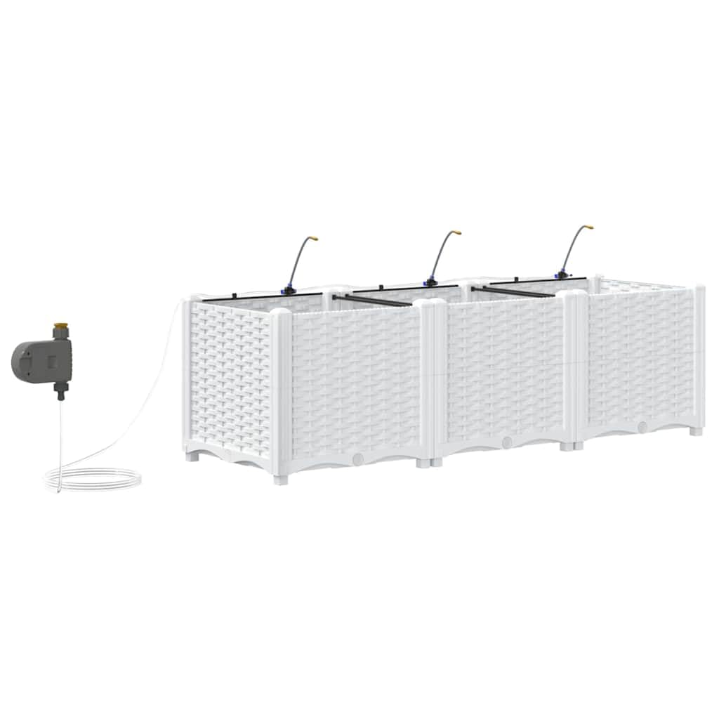 Juego de 3 macetas de jardín de acero blanco, 120 x 40 x 37,5 cm, jardinera elevada con riego, diseño moderno, metal resistente, para terraza, balcón y jardín