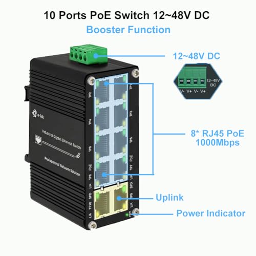 Image of Mini Industrial 10-Port Gigabit PoE+ Switch with 2 Uplink Ports, IEEE 802.3af /at 30W, 12~48V DC Redundant Power Input, Booster Function, Up to 240-watt PoE Budget, Din Rail Mount