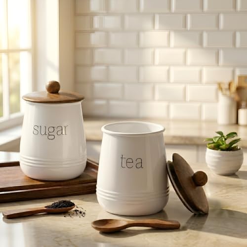 Image of Stylish Airtight Container for Kitchen, Tea Sugar Storage,White, Metal with Wooden Lid & Spoon, 1000ml, Canister for Kitchen Counter top | Food-Safe Jar Set of 2 (Tea & Sugar)