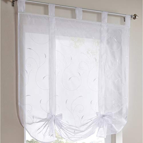 JAIJY Cortina pequeña de gasa bordada con pestaña superior de vid bordada para ventana, cortina de cocina, ajustable, para café, 99 x 139 cm, color blanco