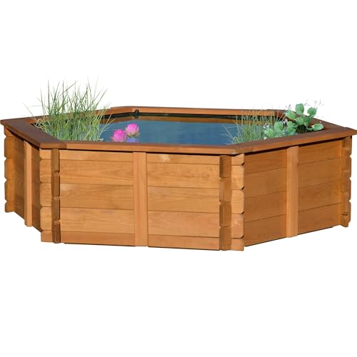dobar® 29230FSCe Hochteich Hexagon | Gartenteich 330 L aus robustem Massivholz | Miniteich für Garten/Terrasse/Balkon | Teich für den Garten inkl. Teichfolie | 149 x 128,5 x 40 cm | Braun