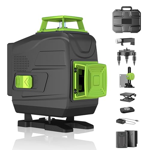 Niveau Laser 4 x 360°, 4D 16 Lignes Laser Rotatif Horizontal Vertical d'outil, avec Fonction d'auto-nivellement, avec Télécommande & 2xBatteries Rechargeables, chantier de construction
