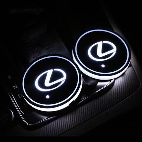 レクサス LEDコースター カップホルダー LEDライトマットパッド 光る 明るさセンサー 自動点灯消灯 イルミネーション 車内 車載 車用 丸型 ドリンクホルダー ボトルコースター マット 2個セット (レクサス)