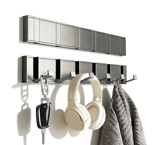 Drovalles Coat Rack Wall Mounted, 5 Retractable Pegs, Heavy Duty, Stainless Steel, Metal Coat Hook Rail for Coat Hat Towel Purse Robes