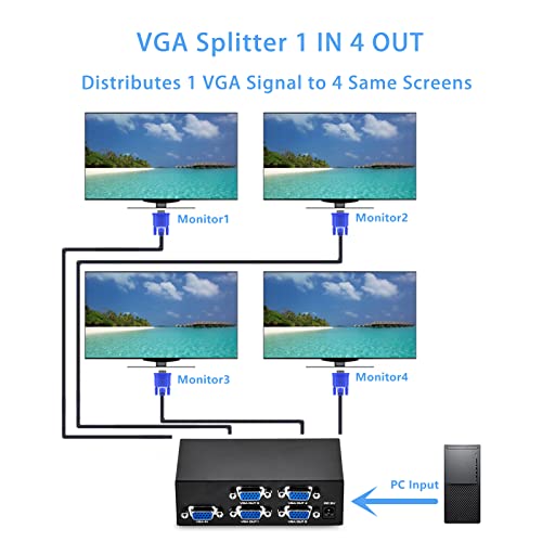 TCNEWCL VGA Splitter: 1 PC zu 4 Monitore, 4 Port VGA Verteiler für Home oder Theater, 200 MHz, 1920 x 1440 – Bild 5