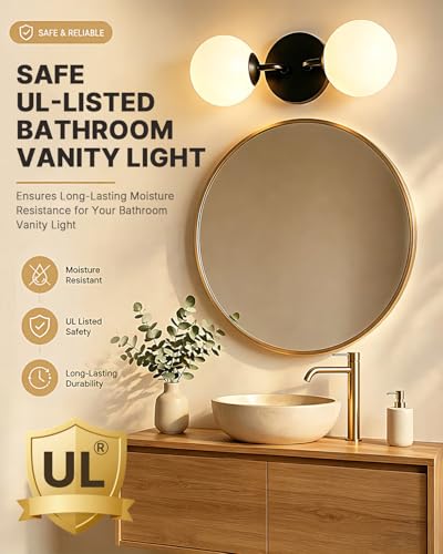 Image of Yunnix Black Bathroom Vanity Light, Modern Globe Vanity Light with Milk White Glass Shade, Mid Century Vanity Lighting Wall Sconce for Mirror, Bathroom Hallway Entryway (2 Pack, Bulbs Not Included)