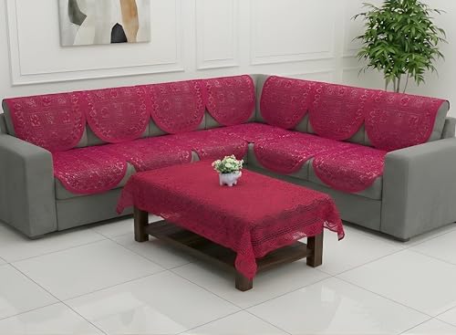 Image of Fab Nation Sofa Cover L Shape 5 Seater with Corner L Type Fully Covered Sofa Set for Living Room | Cotton Sofa Slipcovers for 3 + 2 Seaters Cover with 1 Table Cover | Red
