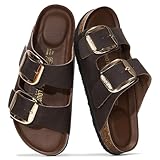 Project Cloud 100% Genuine Leather Flat Sandals for Women 2026 Comfortable Beach Essentials Womens Sandals Memory Foam Vacation Essentials Slides for Women Footwear (Santorini, Choc, 8.5)