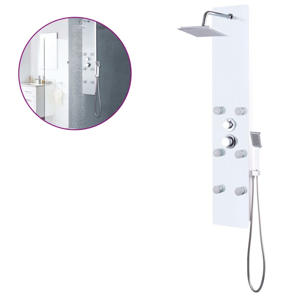 Pannello doccia in vetro bianco, 25 x 44,6 x 130 cm, con doccia a pioggia, doccetta e 6 getti massaggianti, sistema doccia con dettagli cromati