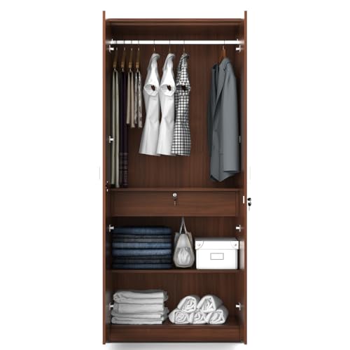 Image of Spacewood Value Wardrobe | 3 Year Warranty | Almirah, Cupboard, Almari, 2 Door Wardrobe, 1 Drawer (1 Lock Drawer) and 1 Hanging Space|Engineered Wood| Walnut Rigato