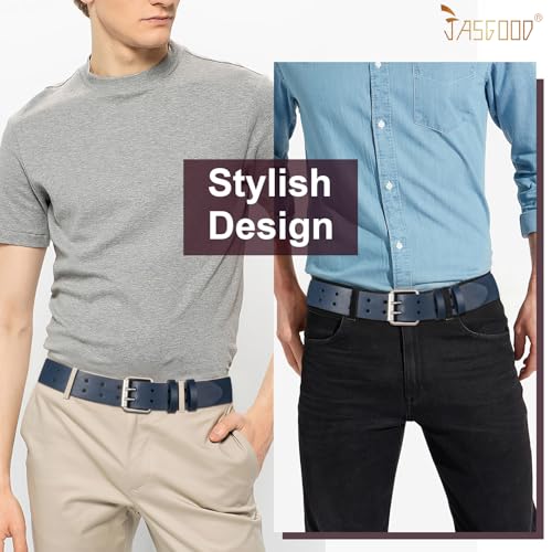 Image of JASGOOD Men Double Prong PU Leather Belt Casual Work Heavy Duty Belt Double Grommet Holes Belt for Jeans