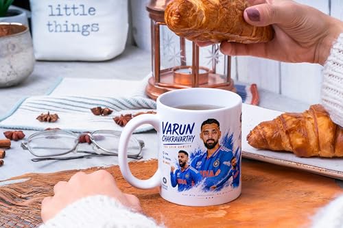 Image of Cricket Theme Coffee Mug IPL Edition - Stylish Helicopter Shot Print Cup - Gift for Cricket Fans, Boys & Friends (Varun chakravarthy)