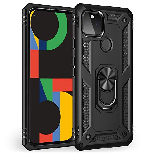 NALIA Housse avec Bague Compatible avec Google Pixel 5 Coque, Anti-Choc Kickstand Etui avec Anneau Rotation 360°, Mince Cover Rigide & Silicone Bumper, Case pour Support de Voiture Magnetique - Noir