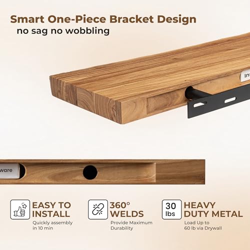 Image of Axeman 24 inch Floating Shelves for Wall Live Edge, Natural, 2PCs | 8'' D Rustic Solid Elm Wood, Wall Mounted, Invisible Bracket, Living Room Bedroom Kitchen