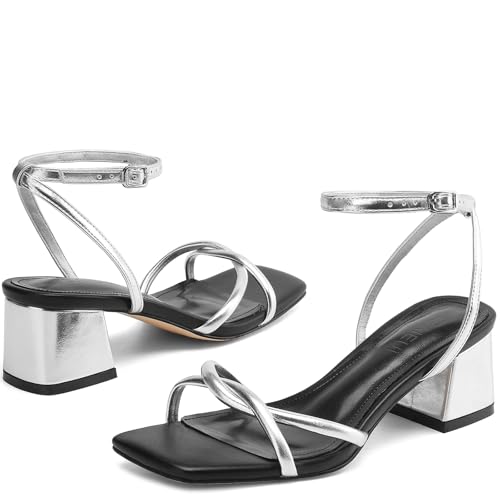 Image of TEAIEUI Chunky Heels for Women, Square Open Toe Heeled Sandals, Strappy Ankle Strap Shoes for Dress, Party, Prom, Block Low Heel 2 inch