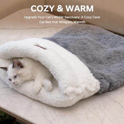 NODARKO Cat Cave 4 in 1 Cat Sleeping Bag Cute Self Warming Cat Bed Cave with Plush Portable Snuggle Sack/Hideway for Indoor Cats & Small Pets Grey 21×17 Inch by NODARKO - Image 6