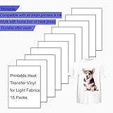 Printable Heat Transfer Vinyl Paper for Inkjet Printers, Iron-On Light T-Shirt Fabric HTV Transfers A4 Size, Pack of 15 Sheets