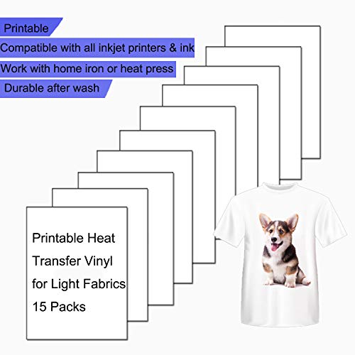 Printable Heat Transfer Vinyl Paper for Inkjet Printers, Iron-On Light T-Shirt Fabric HTV Transfers A4 Size, Pack of 15 Sheets
