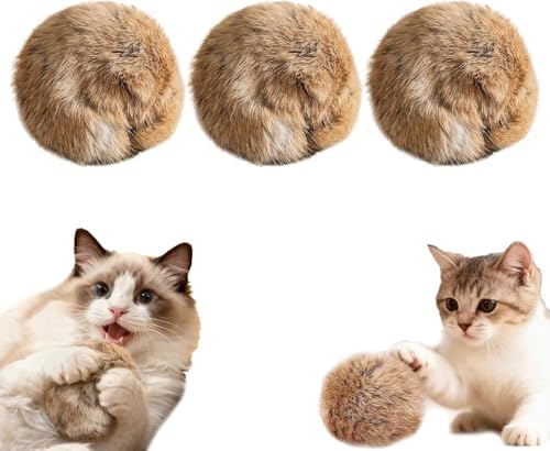 Rabbit Fur Ball Cat Toy, 3in Fuzzy Rabbit Fur Balls for Cats with Catnip, Interactive Fluffy Cat Toy Ball, Furry Catnip Toy Balls - Soft, Washable & Fun to Chase for Exercise Bonding (3pc)