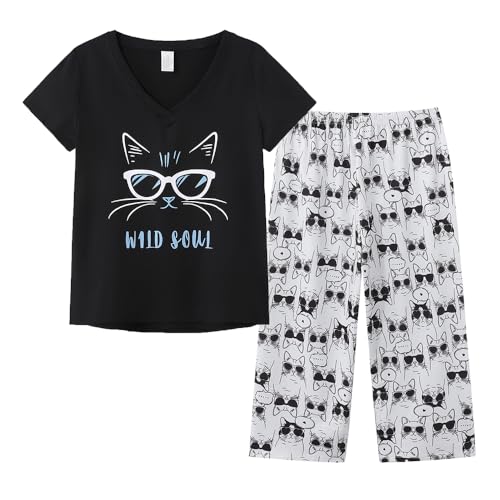 Image of YIJIU Women Soft Comfy Pajamas Cute Cat Short Sleeve Capri Pants PJS Set