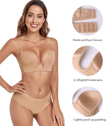 Image of Lemorosy Women's Deep V Plunge Red Carpet Convertible Push Up Bra -Low Cut Sexy U Shaped with Light Padded