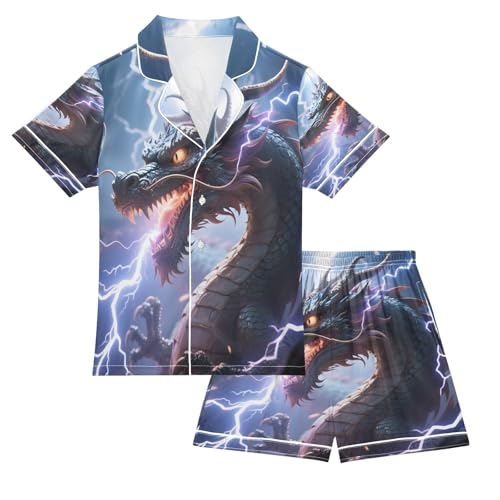 ALAZA Dragon Animal Night Satin Pajamas Set Short Sleeve Button Down Sleepwear Summer Pjs 2 Piece