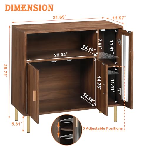 LAZZO Storage Cabinet Credenza Sideboard Buffet Cabinet with Glass Doors Free Standing Accent Entry Cabinet Coffee Bar Cabinet for Living Room, Hallway, Kitchen and Dining Room Brown