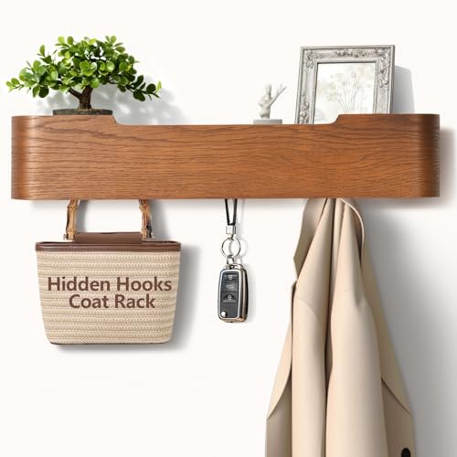 Jadoxy Coat Rack Wall Mount with Hidden Hooks Modern Key Holder Wood Entryway Hook with Shelf for Bedroom Kitchen Hallway Bathroom Designed for Hanging Coats Hats Bags Towel Dog Leashe(Walnut,5 Hooks) by Jadoxy - Used condition - US$33.95