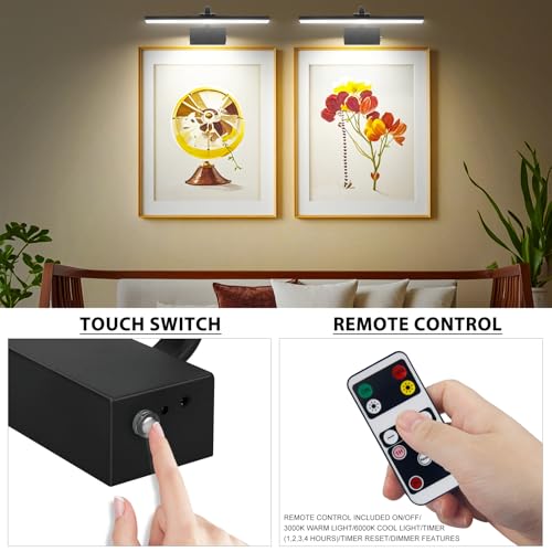 Image of RAIFOOLLY Picture Light, 16inch Picture Lights for Wall Cordless with Timer and Dimmable, 5000mAh Battery Wall Lights for Display Gallery Painting Art Frame Portrait-Black