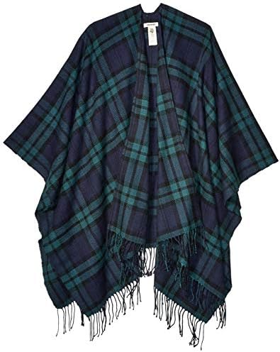 Goodthreads Women's Fringe Ruanna Wrap Scarf, Black/Green, Plaid, One Size