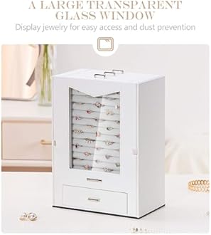 Homde Jewelry Organizer with Transparent Window Necklace Hooks Gift for Women Jewelry Box Display Case for Necklaces Rings Earrings Bracelets and Other Jewelry Accessories (White)